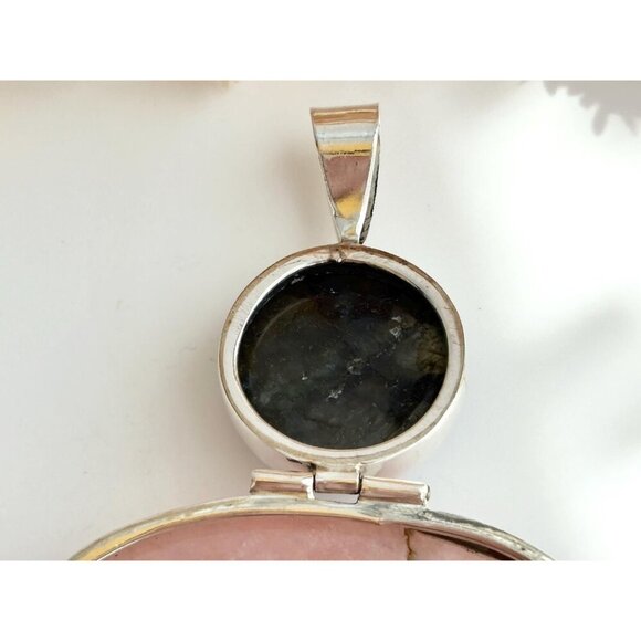Rose Quartz & Labradorite Semi-Precious Gemstone Sterling 925 Vintage Pendant - Picture 4 of 10